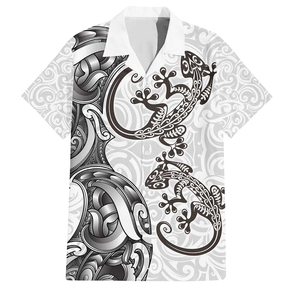 New Zealand Gecko Maori Art Tattoo Family Matching Long Sleeve Bodycon Dress and Hawaiian Shirt White Color LT03 Dad's Shirt - Short Sleeve White - Polynesian Pride
