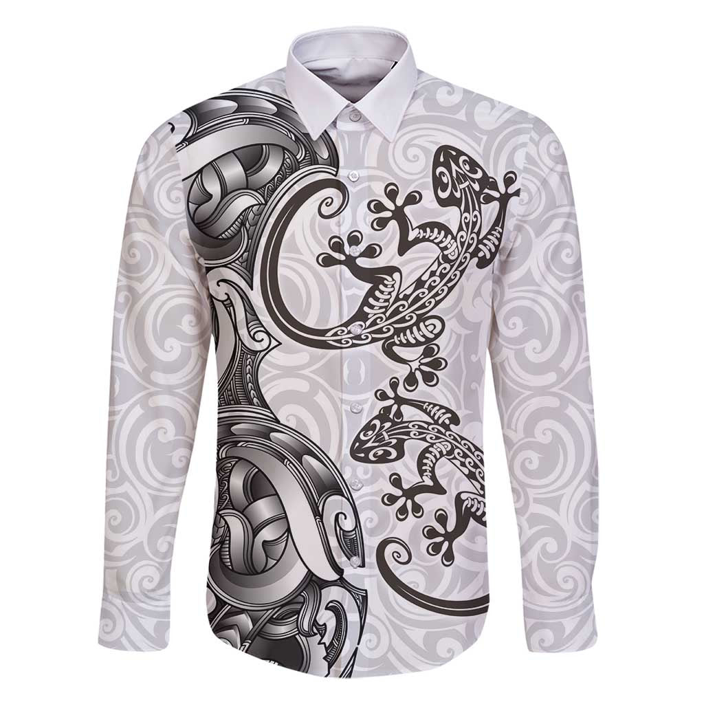 New Zealand Gecko Maori Art Tattoo Family Matching Long Sleeve Bodycon Dress and Hawaiian Shirt White Color LT03 Dad's Shirt - Long Sleeve White - Polynesian Pride