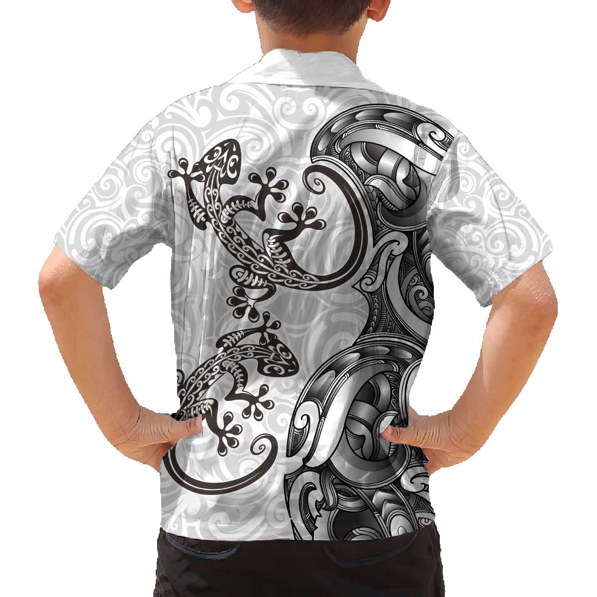 New Zealand Gecko Maori Art Tattoo Family Matching Off The Shoulder Long Sleeve Dress and Hawaiian Shirt White Color LT03 - Polynesian Pride