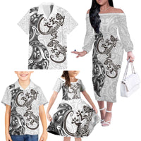 New Zealand Gecko Maori Art Tattoo Family Matching Off The Shoulder Long Sleeve Dress and Hawaiian Shirt White Color LT03 - Polynesian Pride