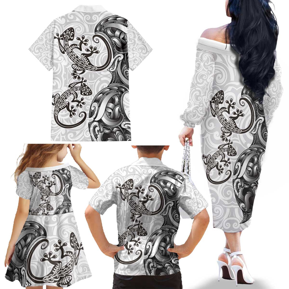 New Zealand Gecko Maori Art Tattoo Family Matching Off The Shoulder Long Sleeve Dress and Hawaiian Shirt White Color LT03 - Polynesian Pride