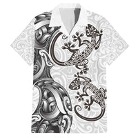 New Zealand Gecko Maori Art Tattoo Family Matching Puletasi and Hawaiian Shirt White Color LT03 Dad's Shirt - Short Sleeve White - Polynesian Pride