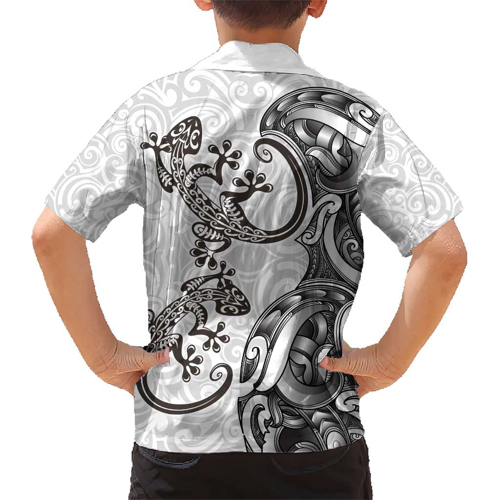 New Zealand Gecko Maori Art Tattoo Family Matching Short Sleeve Bodycon Dress and Hawaiian Shirt White Color LT03 - Polynesian Pride