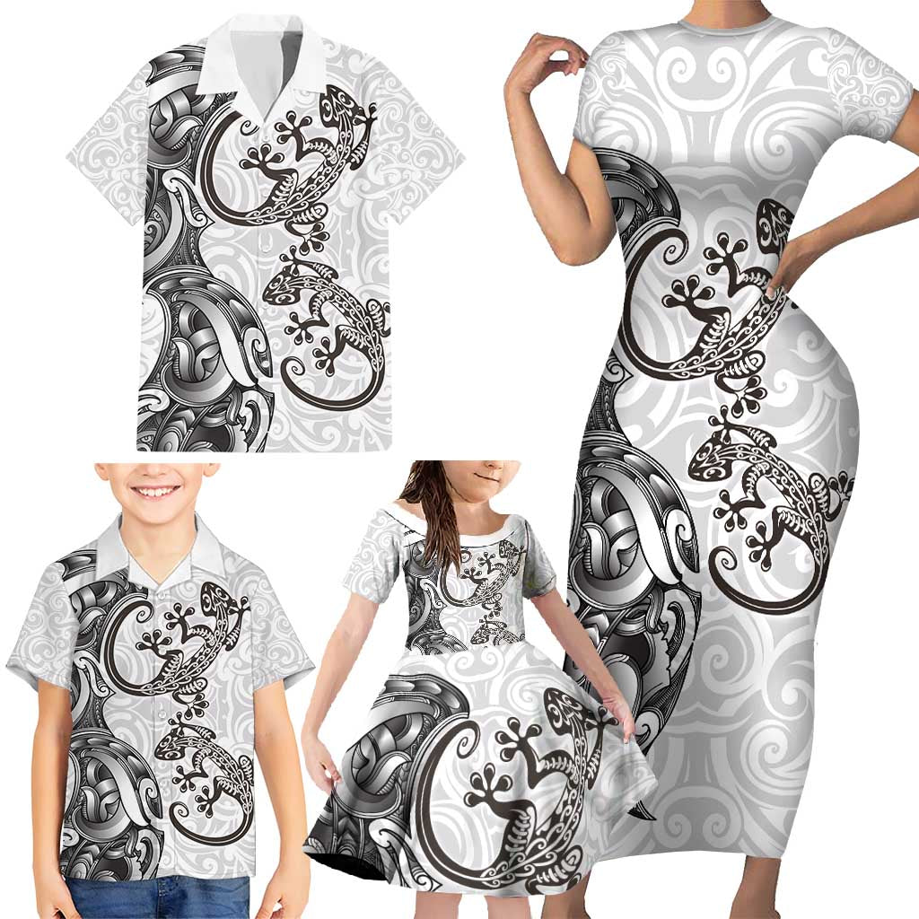New Zealand Gecko Maori Art Tattoo Family Matching Short Sleeve Bodycon Dress and Hawaiian Shirt White Color LT03 - Polynesian Pride