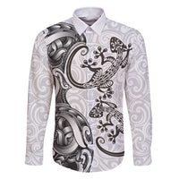 New Zealand Gecko Maori Art Tattoo Family Matching Short Sleeve Bodycon Dress and Hawaiian Shirt White Color LT03 Dad's Shirt - Long Sleeve White - Polynesian Pride