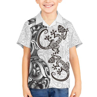New Zealand Gecko Maori Art Tattoo Family Matching Short Sleeve Bodycon Dress and Hawaiian Shirt White Color LT03 Son's Shirt White - Polynesian Pride