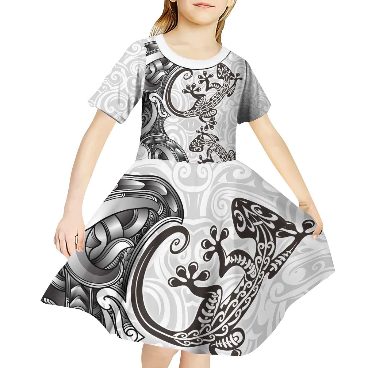 New Zealand Gecko Maori Art Tattoo Kid Short Sleeve Dress White Color