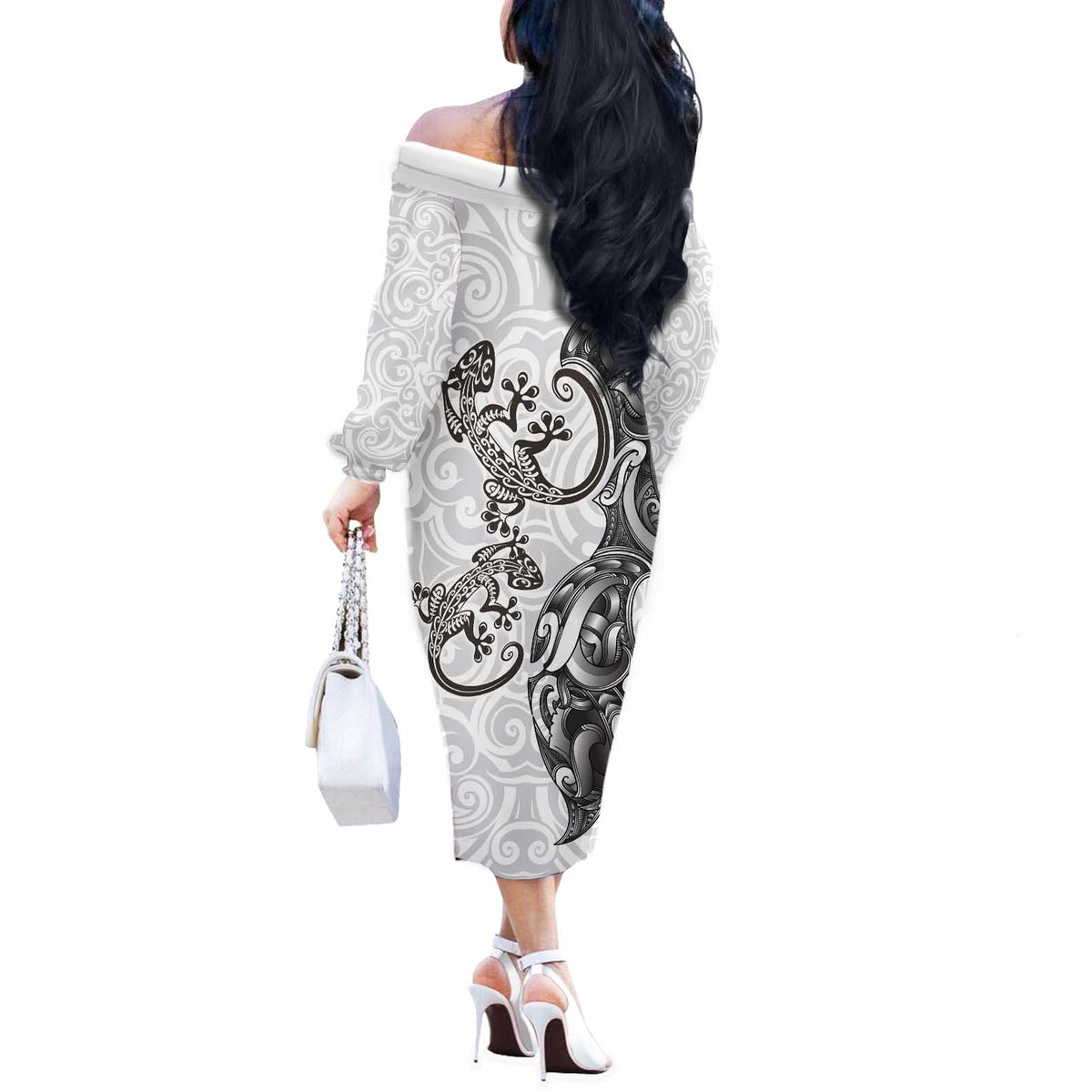 New Zealand Gecko Maori Art Tattoo Off The Shoulder Long Sleeve Dress White Color