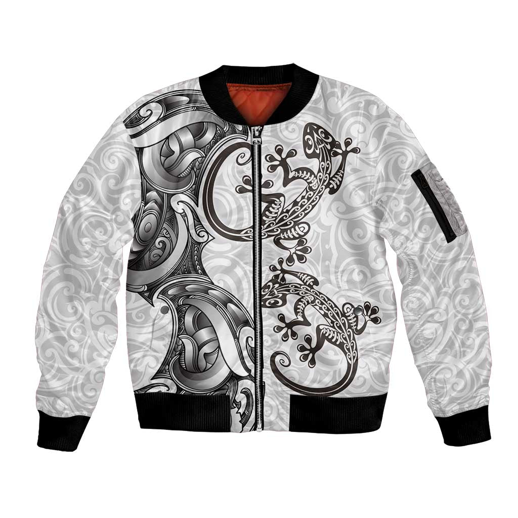 New Zealand Gecko Maori Art Tattoo Sleeve Zip Bomber Jacket White Color