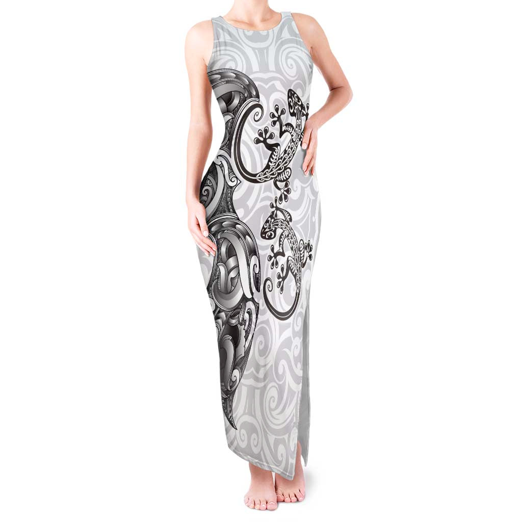 New Zealand Gecko Maori Art Tattoo Tank Maxi Dress White Color