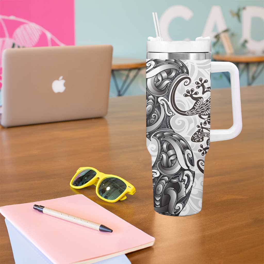 New Zealand Gecko Maori Art Tattoo Tumbler With Handle White Color