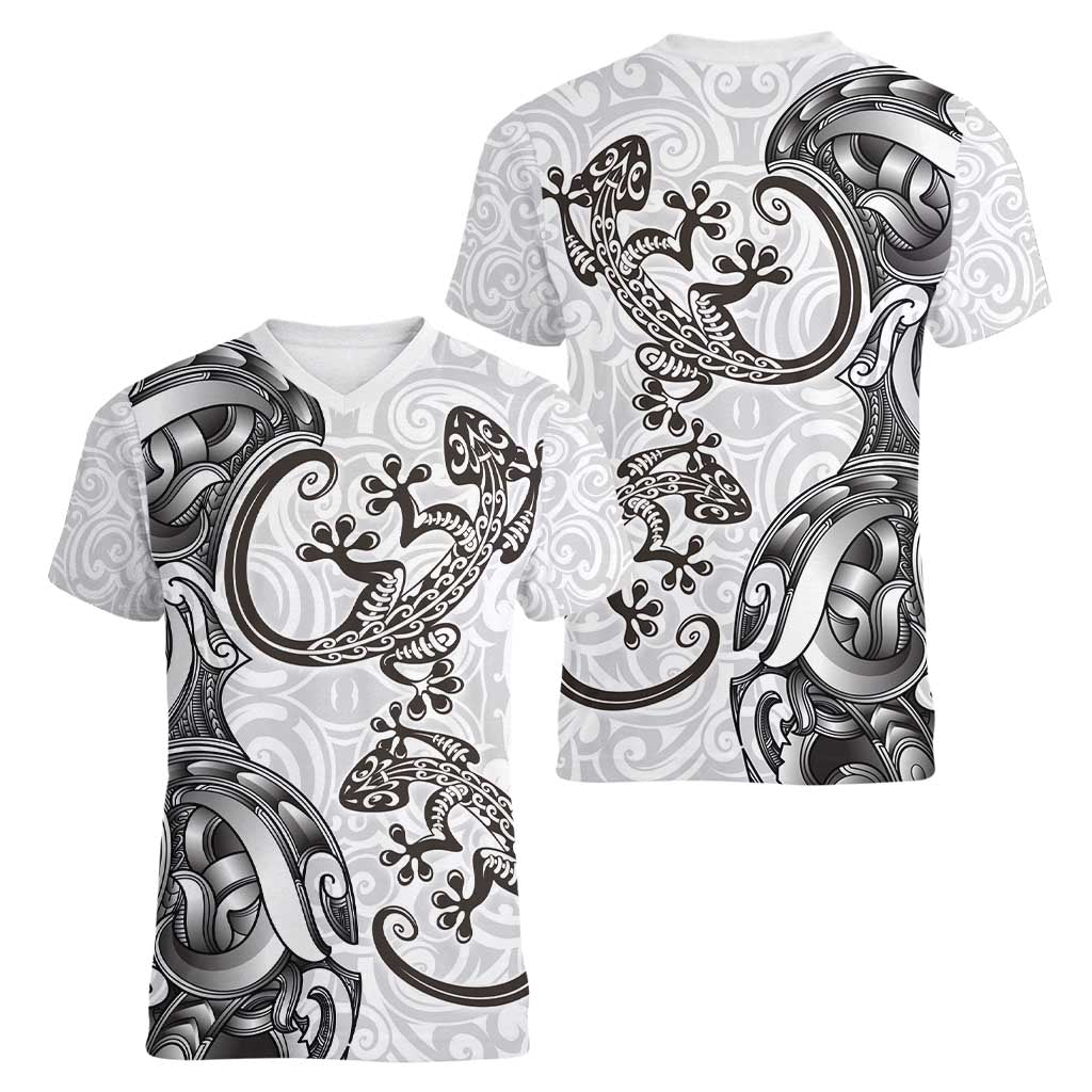 New Zealand Gecko Maori Art Tattoo Women V-Neck T-Shirt White Color LT03 - Polynesian Pride