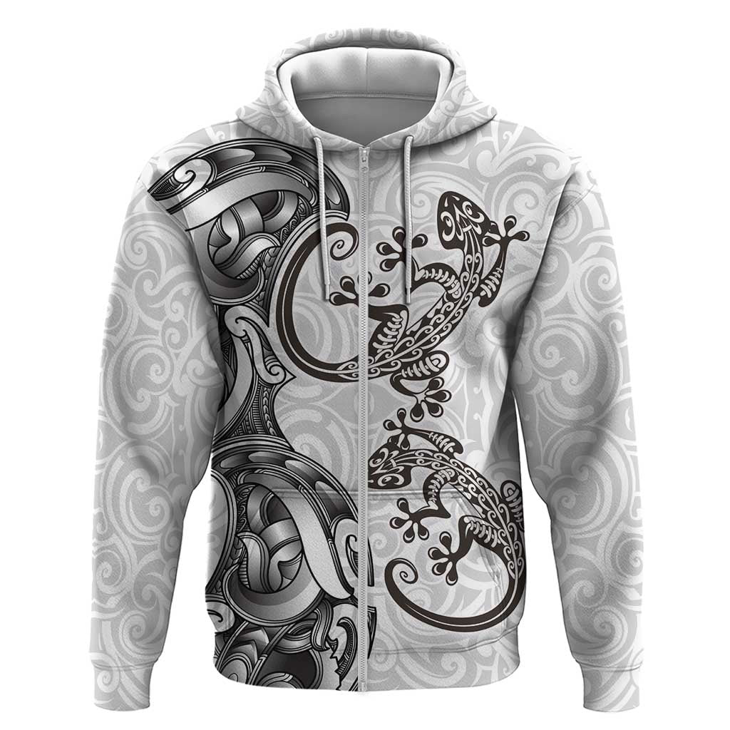 New Zealand Gecko Maori Art Tattoo Zip Hoodie White Color LT03 Zip Hoodie White - Polynesian Pride
