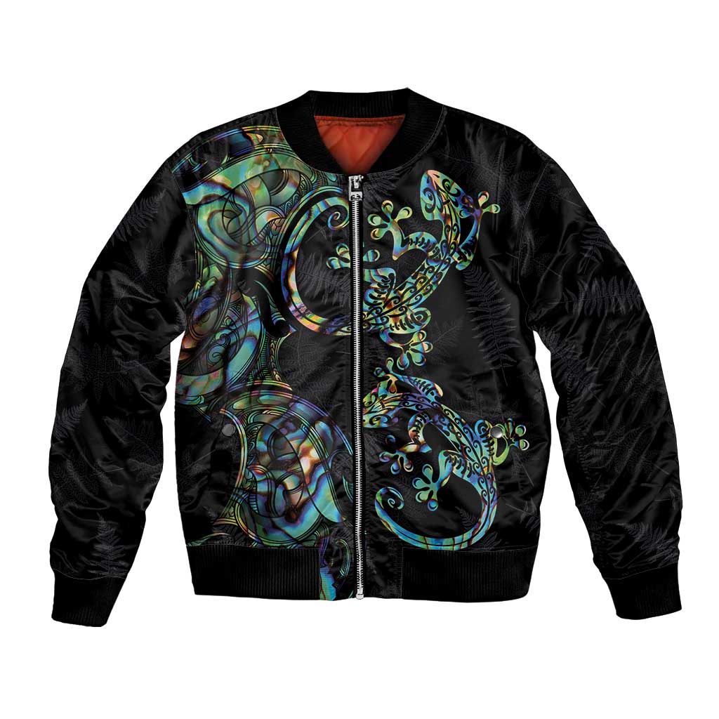 New Zealand Gecko Maori Art Tattoo Bomber Jacket Silver Fern and Paua Shell Mode LT03 Unisex Black - Polynesian Pride