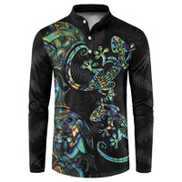 New Zealand Gecko Maori Art Tattoo Button Sweatshirt Silver Fern and Paua Shell Mode