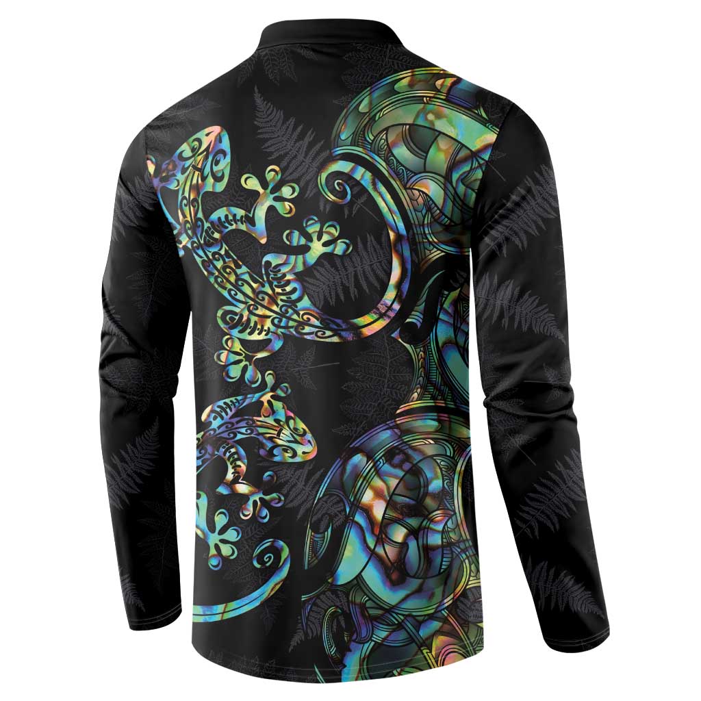 New Zealand Gecko Maori Art Tattoo Button Sweatshirt Silver Fern and Paua Shell Mode