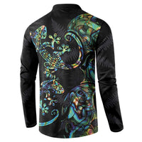 New Zealand Gecko Maori Art Tattoo Button Sweatshirt Silver Fern and Paua Shell Mode