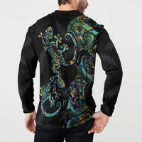 New Zealand Gecko Maori Art Tattoo Button Sweatshirt Silver Fern and Paua Shell Mode