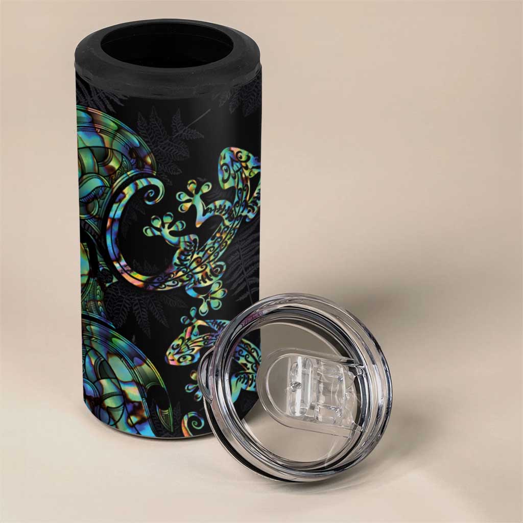 New Zealand Gecko Maori Art Tattoo 4 in 1 Can Cooler Tumbler Paua Shell Mode with Silver Fern Pattern