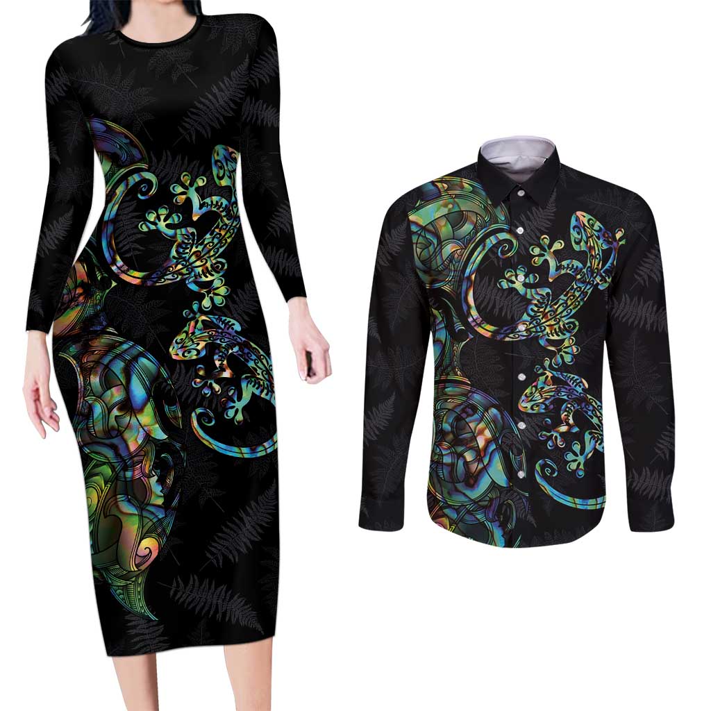 New Zealand Gecko Maori Art Tattoo Couples Matching Long Sleeve Bodycon Dress and Long Sleeve Button Shirt Silver Fern and Paua Shell Mode LT03 Black - Polynesian Pride