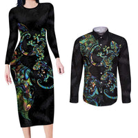 New Zealand Gecko Maori Art Tattoo Couples Matching Long Sleeve Bodycon Dress and Long Sleeve Button Shirt Silver Fern and Paua Shell Mode LT03 Black - Polynesian Pride