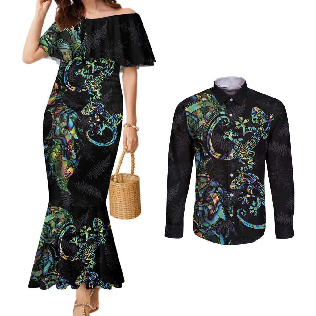 New Zealand Gecko Maori Art Tattoo Couples Matching Mermaid Dress and Long Sleeve Button Shirt Silver Fern and Paua Shell Mode LT03 Black - Polynesian Pride