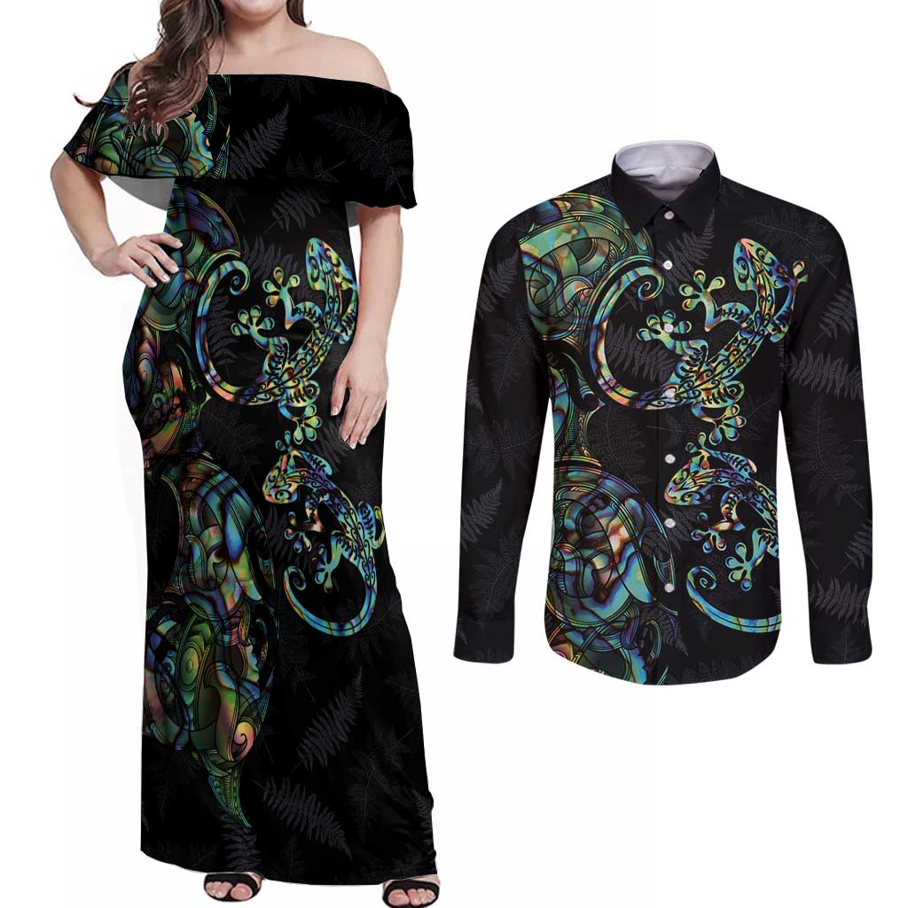 New Zealand Gecko Maori Art Tattoo Couples Matching Off Shoulder Maxi Dress and Long Sleeve Button Shirt Silver Fern and Paua Shell Mode LT03 Black - Polynesian Pride
