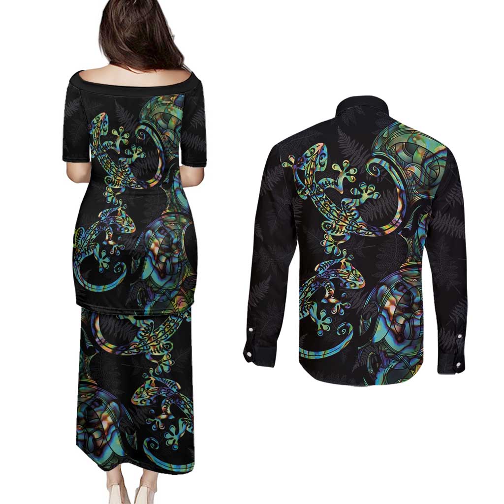 New Zealand Gecko Maori Art Tattoo Couples Matching Puletasi and Long Sleeve Button Shirt Silver Fern and Paua Shell Mode LT03 - Polynesian Pride