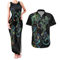 New Zealand Gecko Maori Art Tattoo Couples Matching Tank Maxi Dress and Hawaiian Shirt Silver Fern and Paua Shell Mode LT03 Black - Polynesian Pride