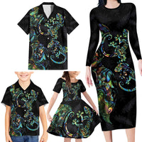 New Zealand Gecko Maori Art Tattoo Family Matching Long Sleeve Bodycon Dress and Hawaiian Shirt Silver Fern and Paua Shell Mode LT03 - Polynesian Pride