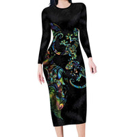 New Zealand Gecko Maori Art Tattoo Family Matching Long Sleeve Bodycon Dress and Hawaiian Shirt Silver Fern and Paua Shell Mode LT03 Mom's Dress Black - Polynesian Pride