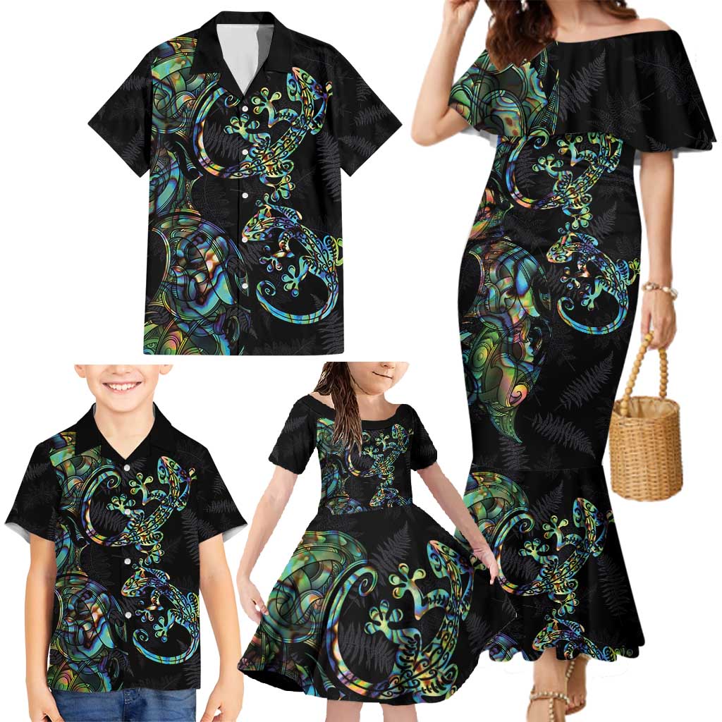 New Zealand Gecko Maori Art Tattoo Family Matching Mermaid Dress and Hawaiian Shirt Silver Fern and Paua Shell Mode LT03 - Polynesian Pride