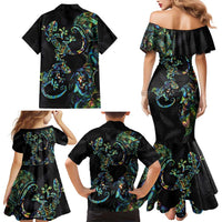 New Zealand Gecko Maori Art Tattoo Family Matching Mermaid Dress and Hawaiian Shirt Silver Fern and Paua Shell Mode LT03 - Polynesian Pride