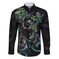 New Zealand Gecko Maori Art Tattoo Family Matching Mermaid Dress and Hawaiian Shirt Silver Fern and Paua Shell Mode LT03 Dad's Shirt - Long Sleeve Black - Polynesian Pride