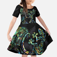 New Zealand Gecko Maori Art Tattoo Family Matching Puletasi and Hawaiian Shirt Silver Fern and Paua Shell Mode LT03 Daughter's Dress Black - Polynesian Pride