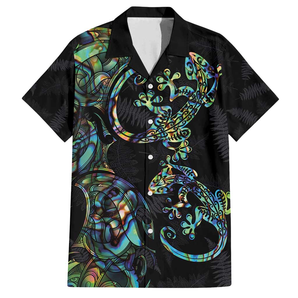 New Zealand Gecko Maori Art Tattoo Family Matching Puletasi and Hawaiian Shirt Silver Fern and Paua Shell Mode LT03 Dad's Shirt - Short Sleeve Black - Polynesian Pride