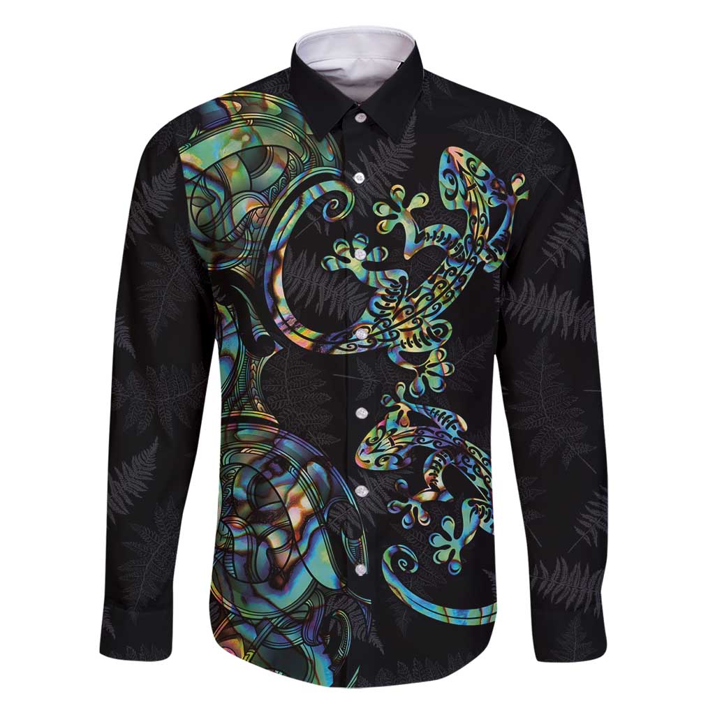 New Zealand Gecko Maori Art Tattoo Family Matching Puletasi and Hawaiian Shirt Silver Fern and Paua Shell Mode LT03 Dad's Shirt - Long Sleeve Black - Polynesian Pride
