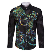 New Zealand Gecko Maori Art Tattoo Family Matching Puletasi and Hawaiian Shirt Silver Fern and Paua Shell Mode LT03 Dad's Shirt - Long Sleeve Black - Polynesian Pride