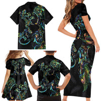 New Zealand Gecko Maori Art Tattoo Family Matching Short Sleeve Bodycon Dress and Hawaiian Shirt Silver Fern and Paua Shell Mode LT03 - Polynesian Pride