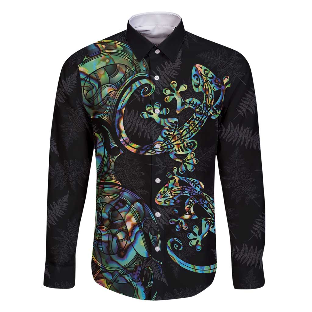 New Zealand Gecko Maori Art Tattoo Family Matching Short Sleeve Bodycon Dress and Hawaiian Shirt Silver Fern and Paua Shell Mode LT03 Dad's Shirt - Long Sleeve Black - Polynesian Pride