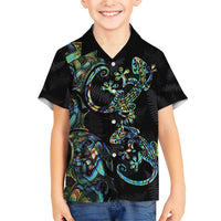New Zealand Gecko Maori Art Tattoo Family Matching Short Sleeve Bodycon Dress and Hawaiian Shirt Silver Fern and Paua Shell Mode LT03 Son's Shirt Black - Polynesian Pride