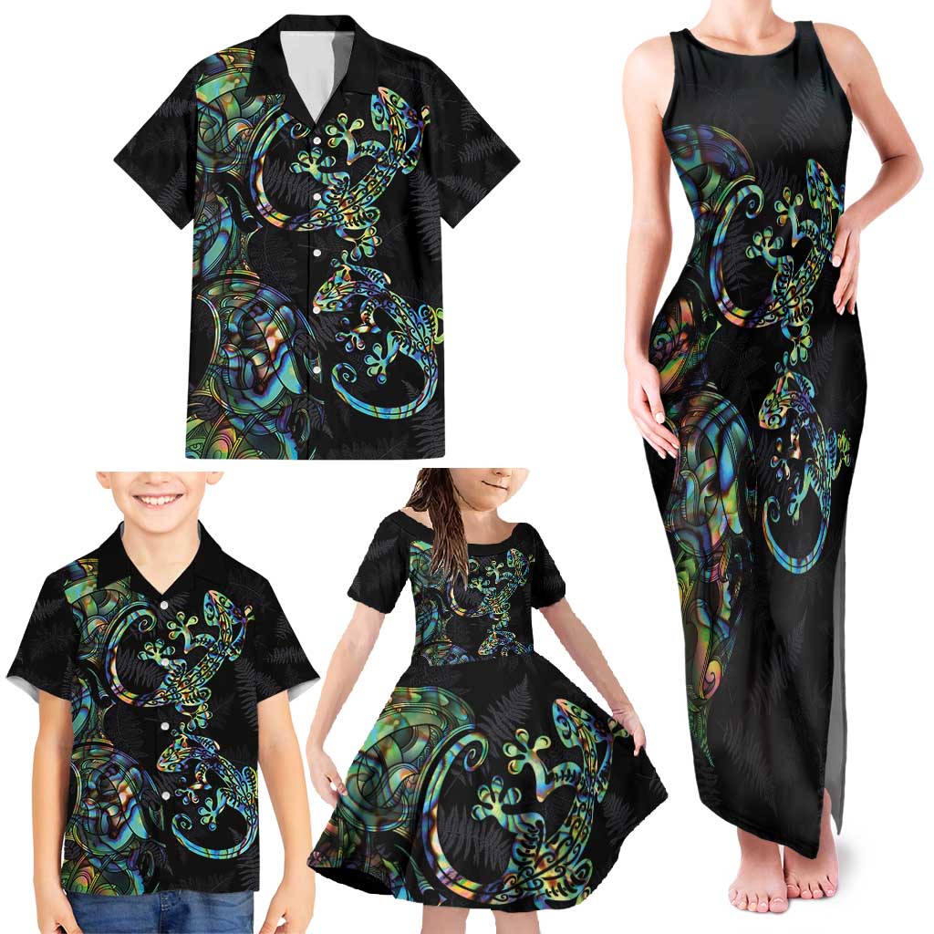 New Zealand Gecko Maori Art Tattoo Family Matching Tank Maxi Dress and Hawaiian Shirt Silver Fern and Paua Shell Mode