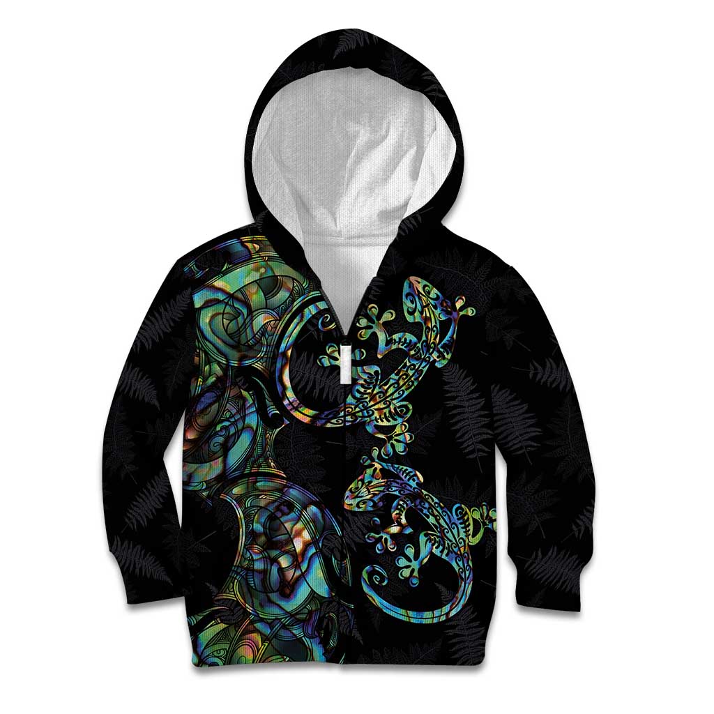 New Zealand Gecko Maori Art Tattoo Kid Hoodie Silver Fern and Paua Shell Mode