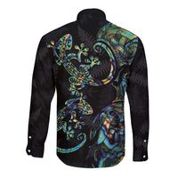 New Zealand Gecko Maori Art Tattoo Long Sleeve Button Shirt Silver Fern and Paua Shell Mode