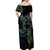 New Zealand Gecko Maori Art Tattoo Off Shoulder Maxi Dress Silver Fern and Paua Shell Mode