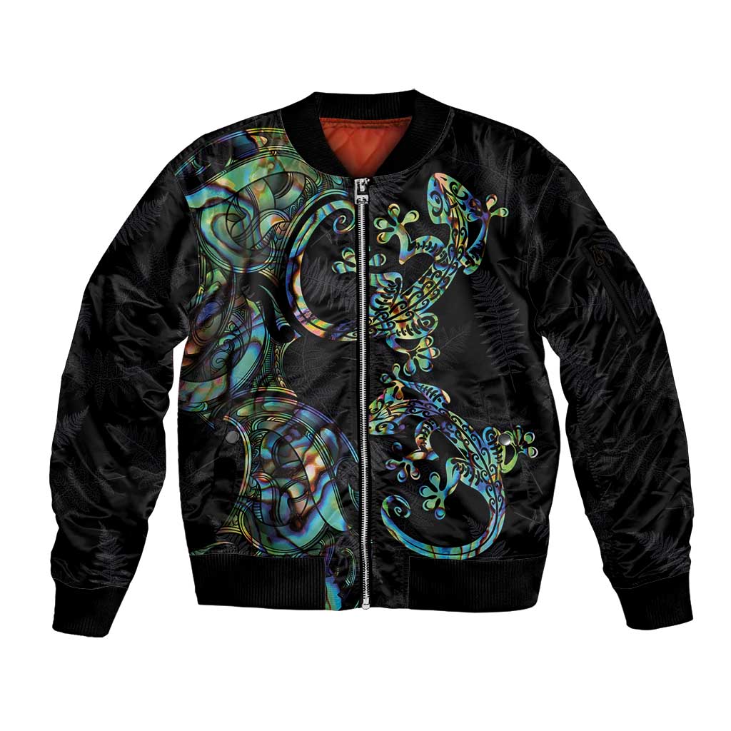 New Zealand Gecko Maori Art Tattoo Sleeve Zip Bomber Jacket Silver Fern and Paua Shell Mode