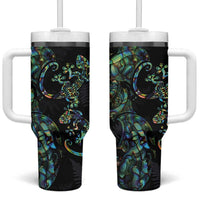 New Zealand Gecko Maori Art Tattoo Tumbler With Handle Paua Shell Mode with Silver Fern Pattern
