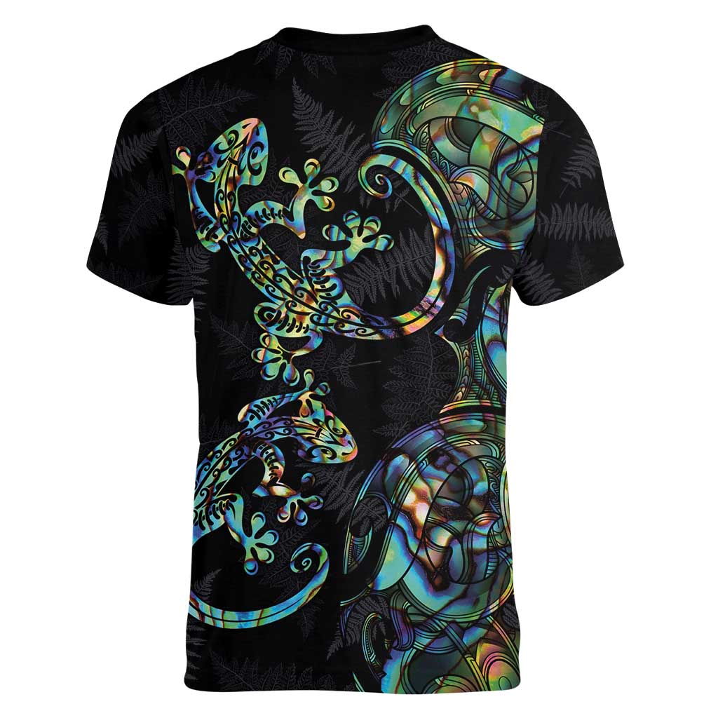 New Zealand Gecko Maori Art Tattoo Women V-Neck T-Shirt Silver Fern and Paua Shell Mode LT03 - Polynesian Pride