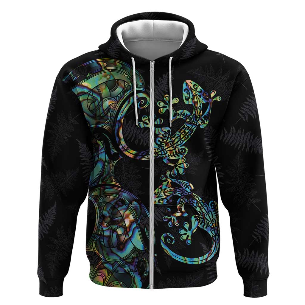 New Zealand Gecko Maori Art Tattoo Zip Hoodie Silver Fern and Paua Shell Mode LT03 Zip Hoodie Black - Polynesian Pride