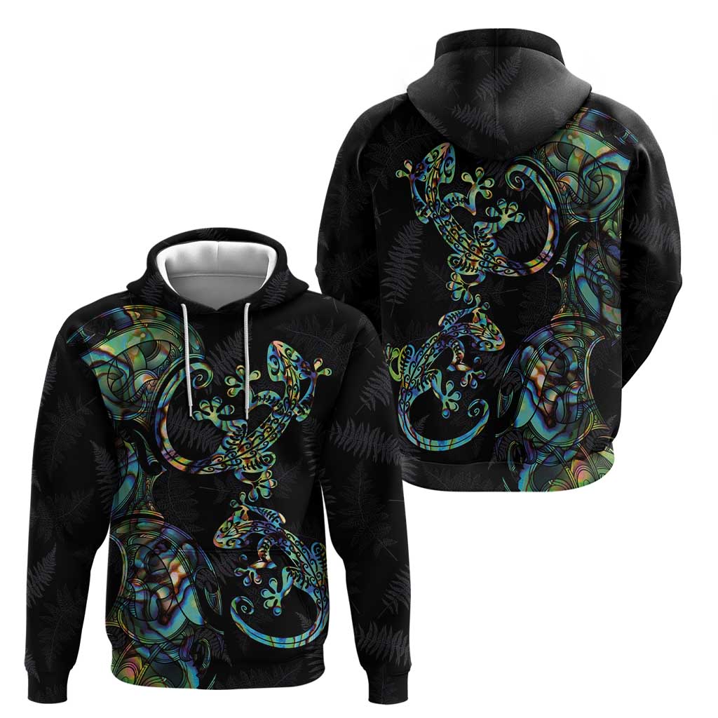 New Zealand Gecko Maori Art Tattoo Zip Hoodie Silver Fern and Paua Shell Mode